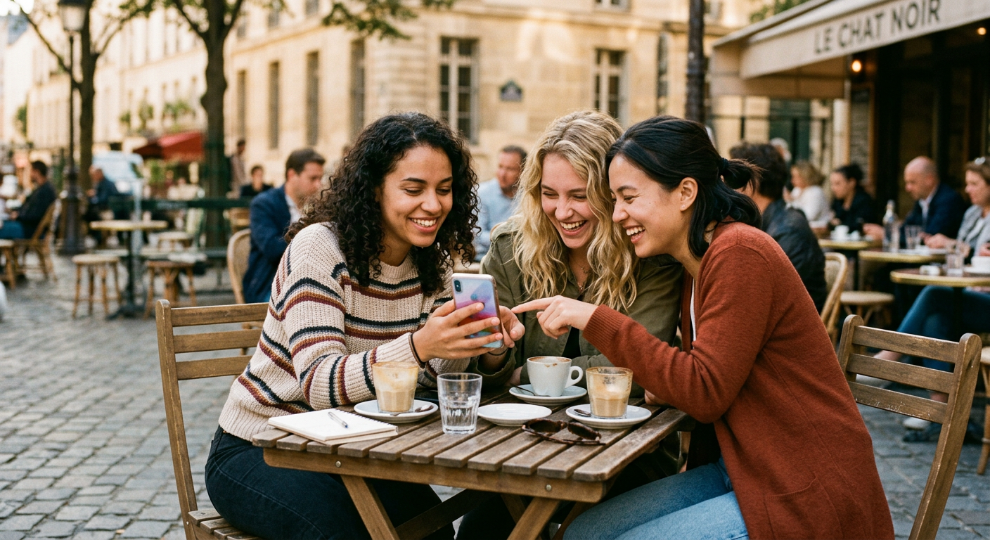 Trois amies attablées à une terrasse, souriantes, regardant un téléphone ensemble