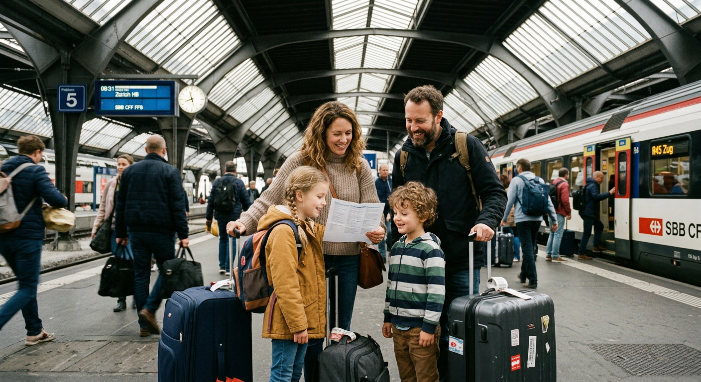 Une famille de quatre personnes sur un quai de gare, regardant un programme de voyage ensemble