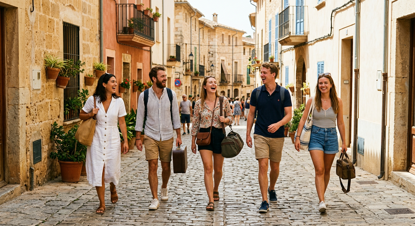 Cinq amis marchant ensemble dans une rue pavée, bagages à la main, en riant